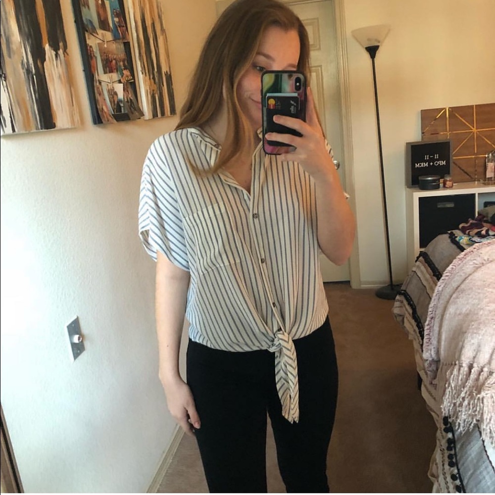 Navy and White Pin Striped Top. Size Small